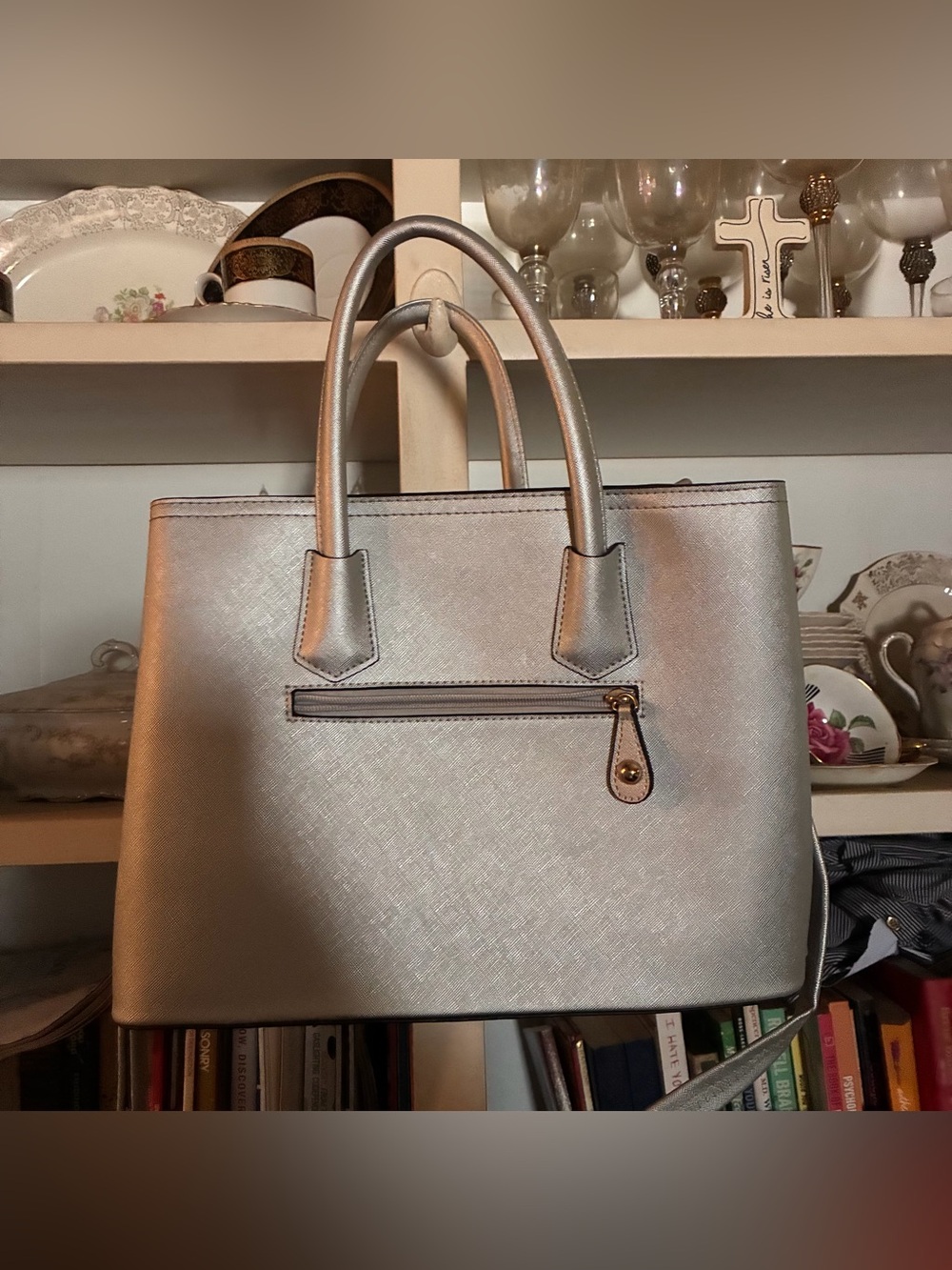 Metallic Silver Structured Tote Bag - Womens Handbag